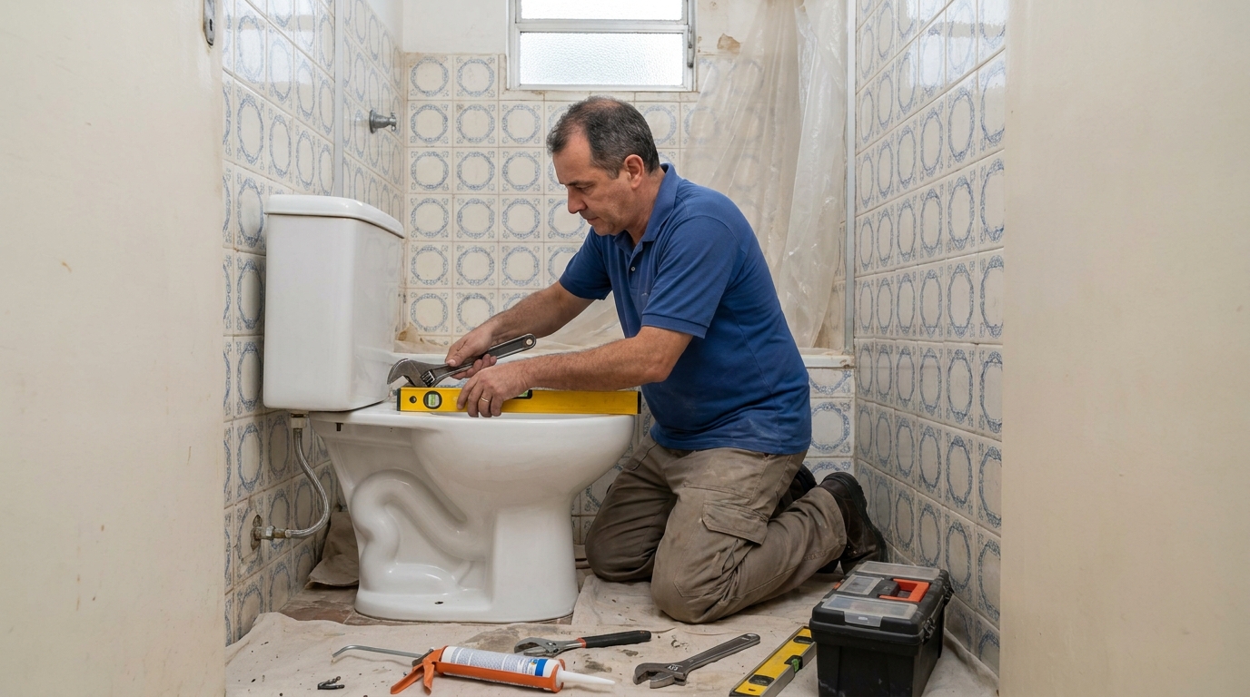 Técnico instalando vaso sanitário em Porto Velho‑RO